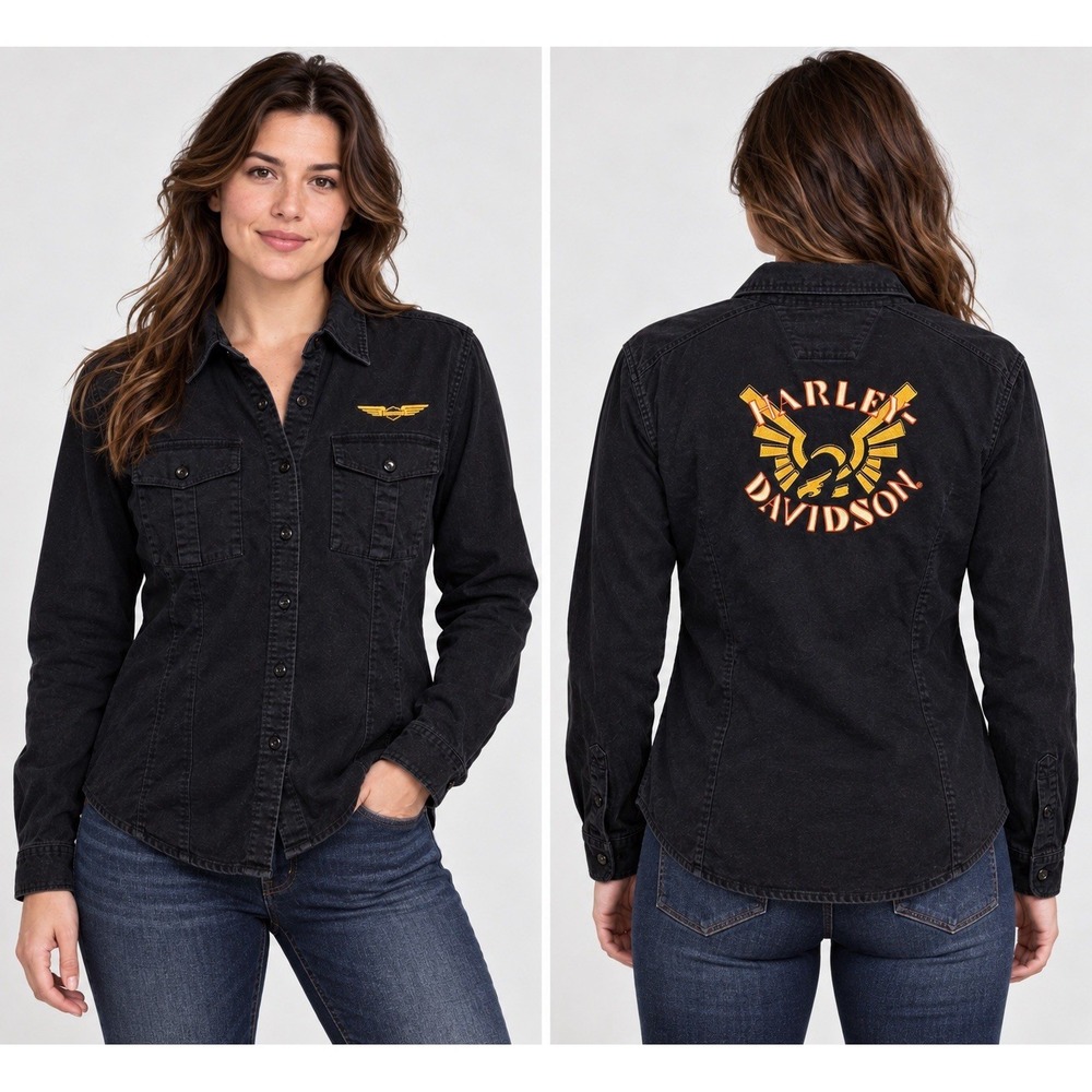 Harley Davidson Black Button Up Shirt Large Embroidered Eagle Logo 100% Cotton
